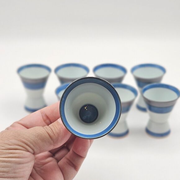 Japanese Hand Decorated Blue Silver White Sake Cups Set of 8 with Box - Picture 5 of 10